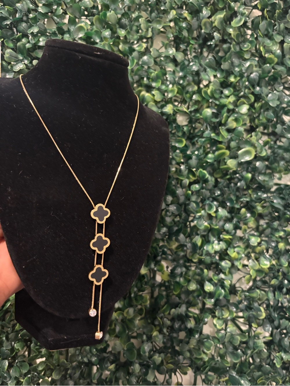 Gold Lariat Necklace with Black Clover Pendants